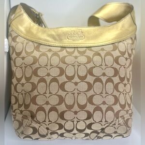 COACH Signature Logo Canvas Brown Beige Tan w/ Gold Leather Trim Crossbody Bag